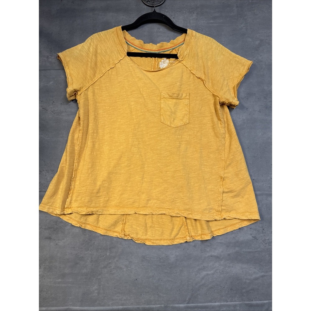 Pilcro mustard yellow short-sleeve pocket tee Draped Fit Raw Edge Seam Sz XS